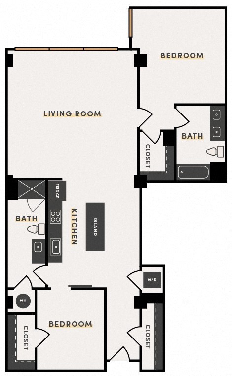 Floor plan for 2 beds, 2 baths, 1279 sqft